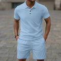 Men's light grey jacquard short sleeve casual suit with matching shorts on a hanger.