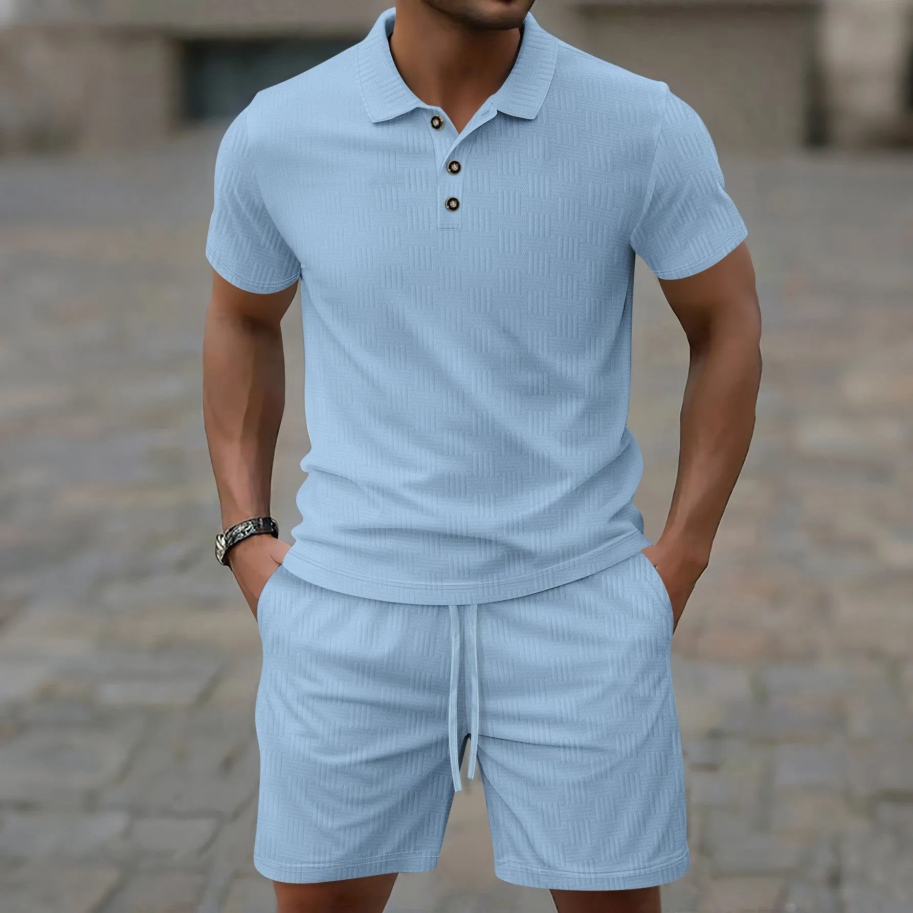 Men's light grey jacquard short sleeve casual suit with matching shorts on a hanger.
