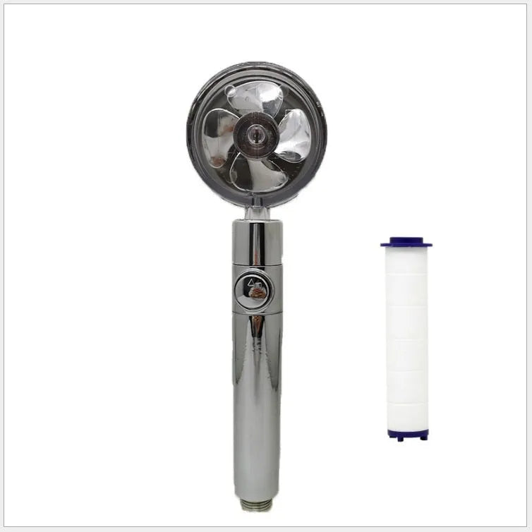 Blue handheld shower head with stop button and turbo nozzle on a chrome bracket.