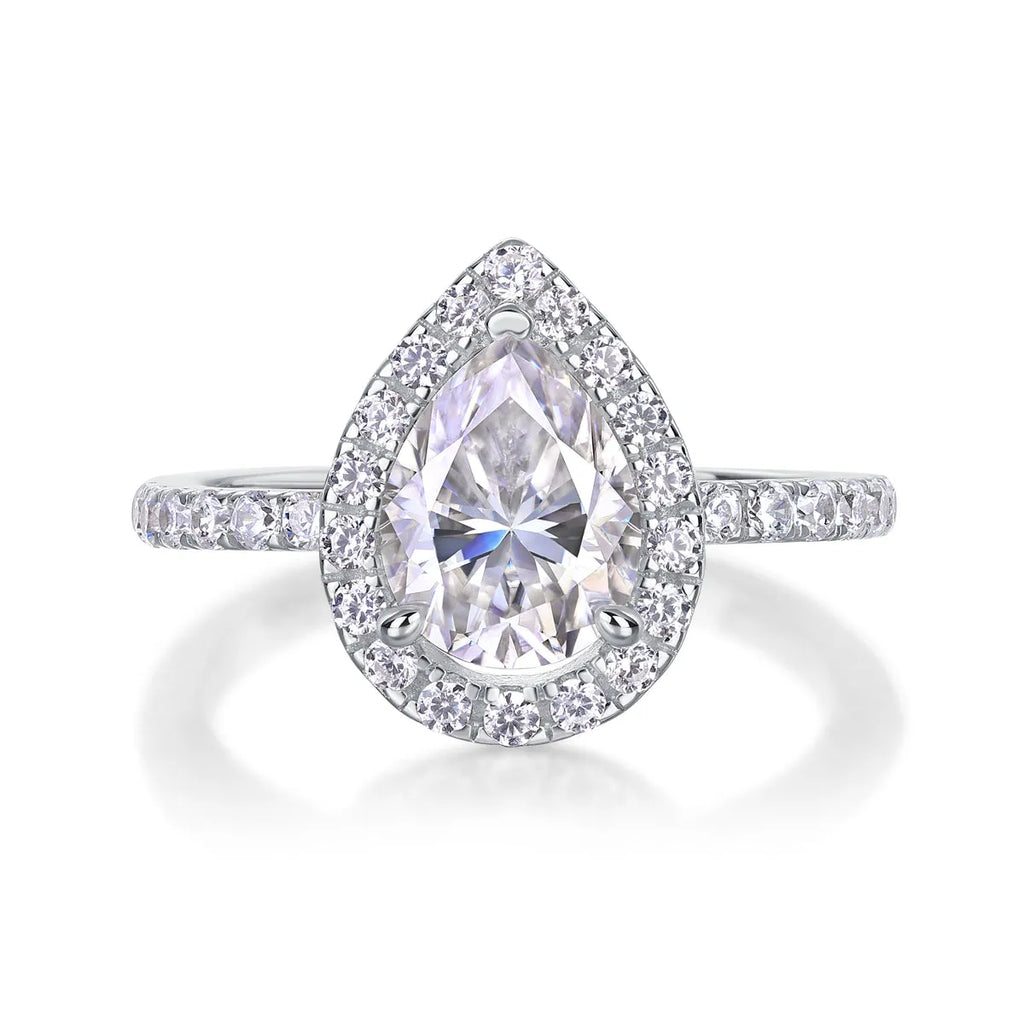 Moissanite wedding ring set, pear-shaped 7x9mm stone, S925 silver with platinum plating, sizes 5-9