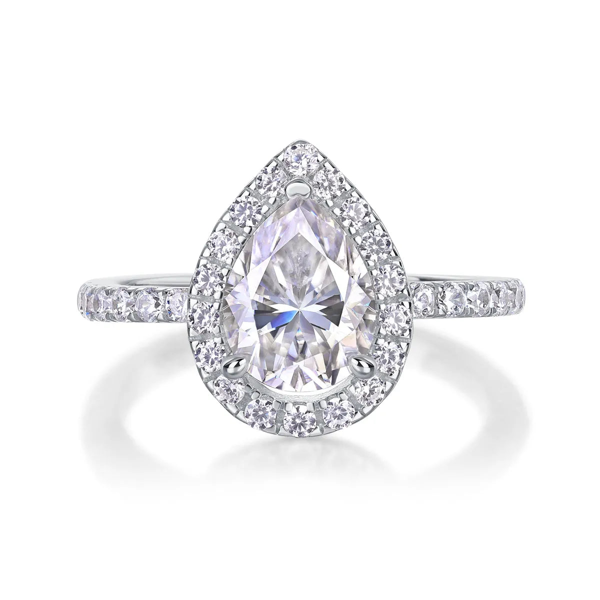Moissanite wedding ring set, pear-shaped 7x9mm stone, S925 silver with platinum plating, sizes 5-9