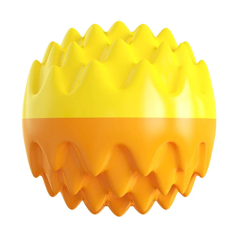 Blue spiky rubber dog ball with squeaker for dental cleaning and water fetch