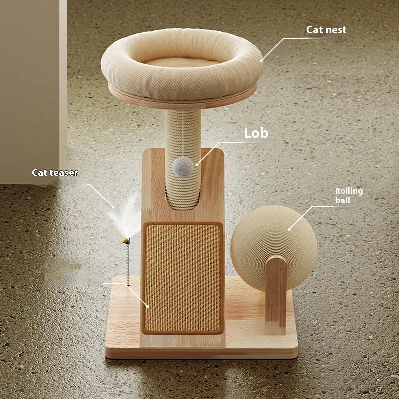 Small jute-coloured cat climbing frame with a sisal scratch board surface.