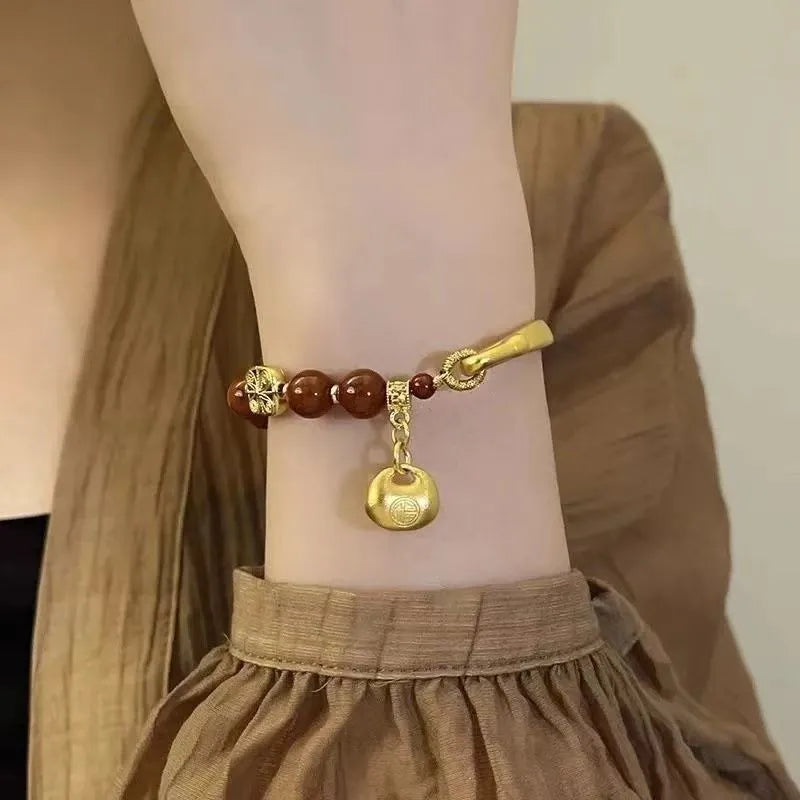 Golden South Red agate character ingot bracelet women's antique style accessory with manual craftsmanship