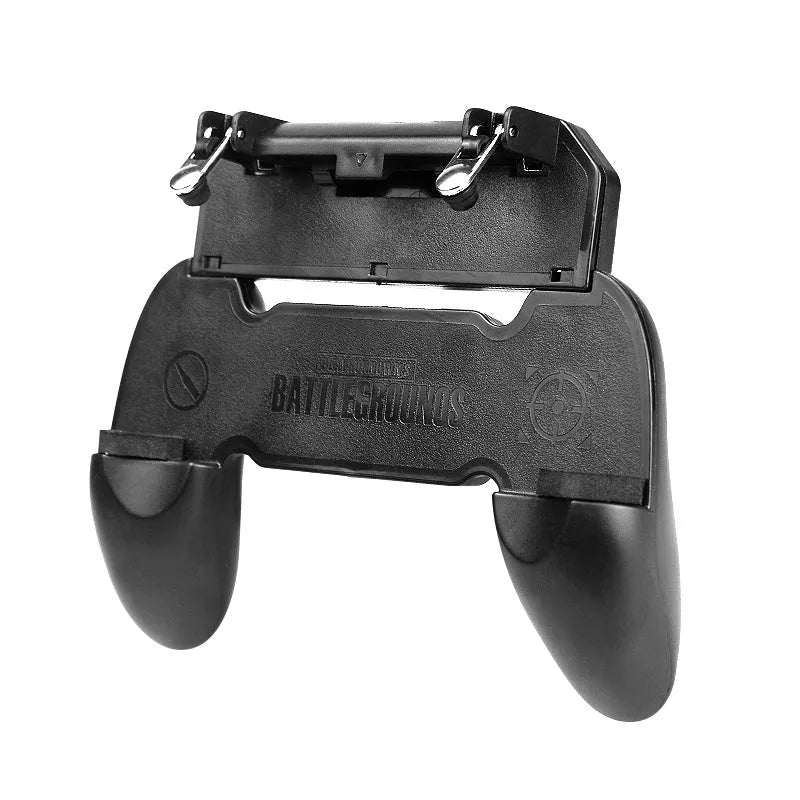 Black wired mobile phone game handle with USB-C plug attached to a smartphone, showing side charging port.