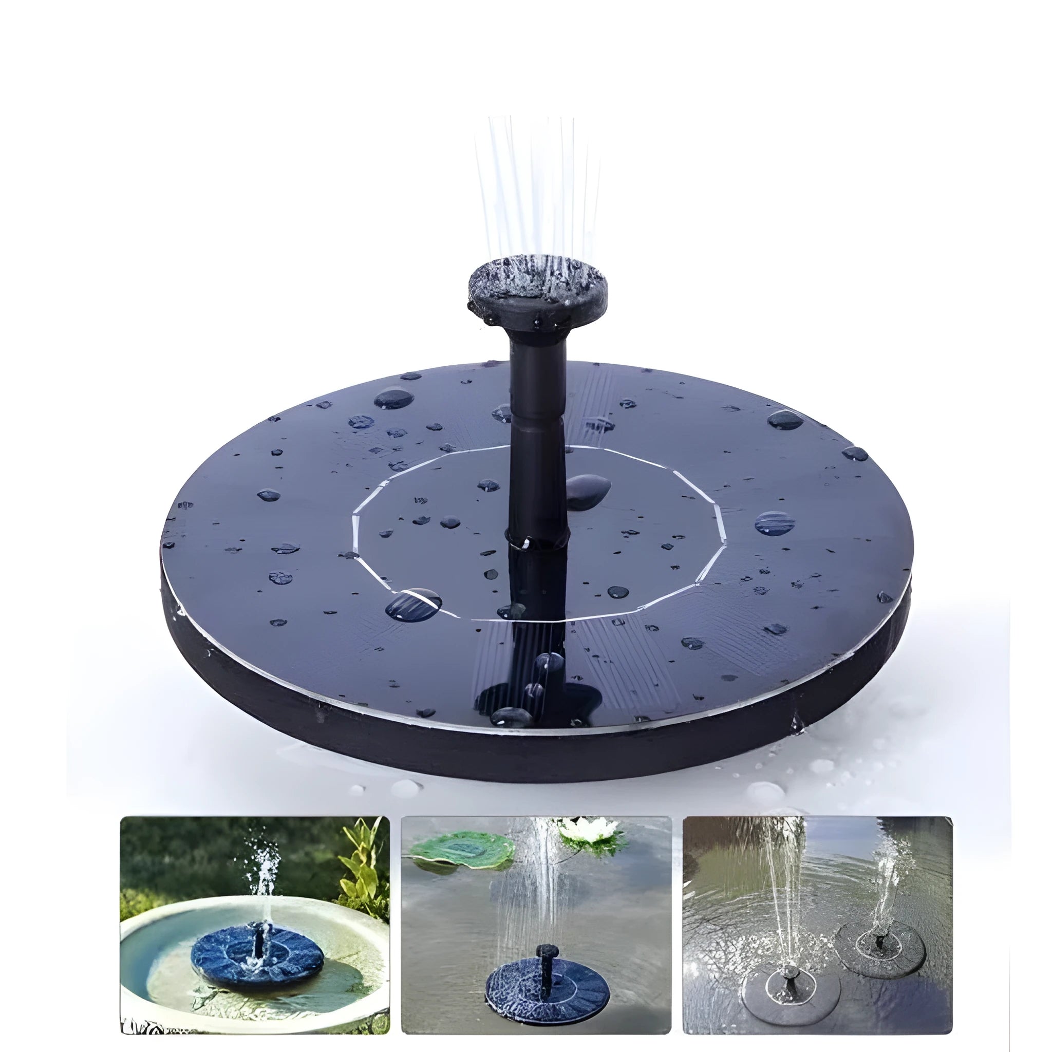 Black solar fountain pump with four spray nozzles on a green grass background next to a birdbath.