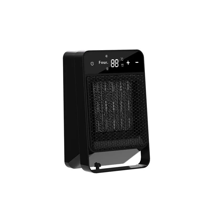 Black desktop electric heater with digital touch screen display and remote control on a wooden desk.