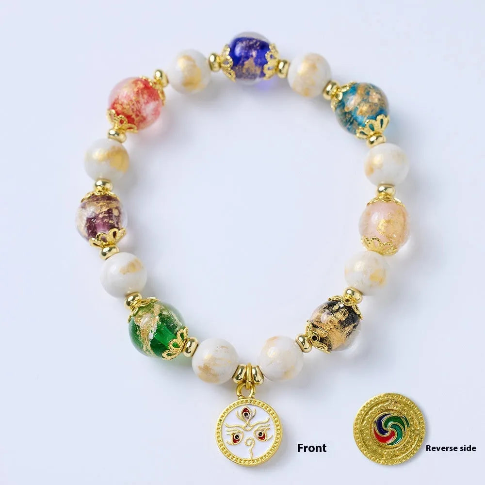 Handmade fragrant gray porcelain bracelet with Five Gods of Wealth motif and 10mm geometric beads