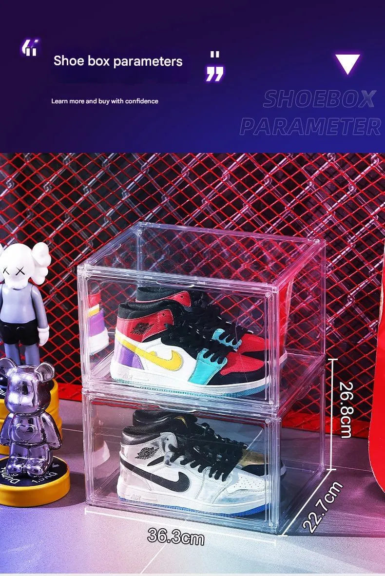 Large transparent acrylic shoe storage box with a magnetic side door open, showing interior space.