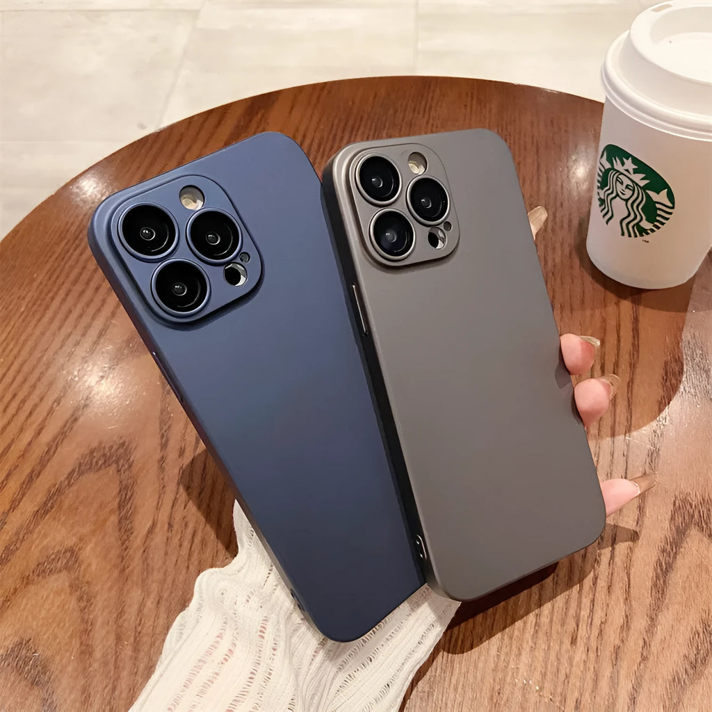 Metallic paint PC phone case with lens protector in Black or Frosted Grey for Apple iPhone 11 to 15 Pro Max