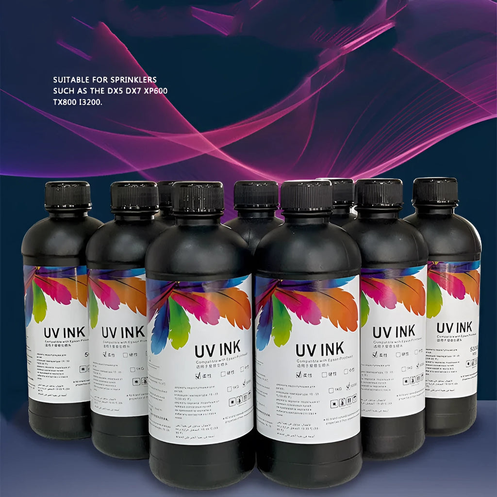 500ml bottle of UV ink for Epson XP600 and TX800 printers, showing colour options including black, cyan, and glow.