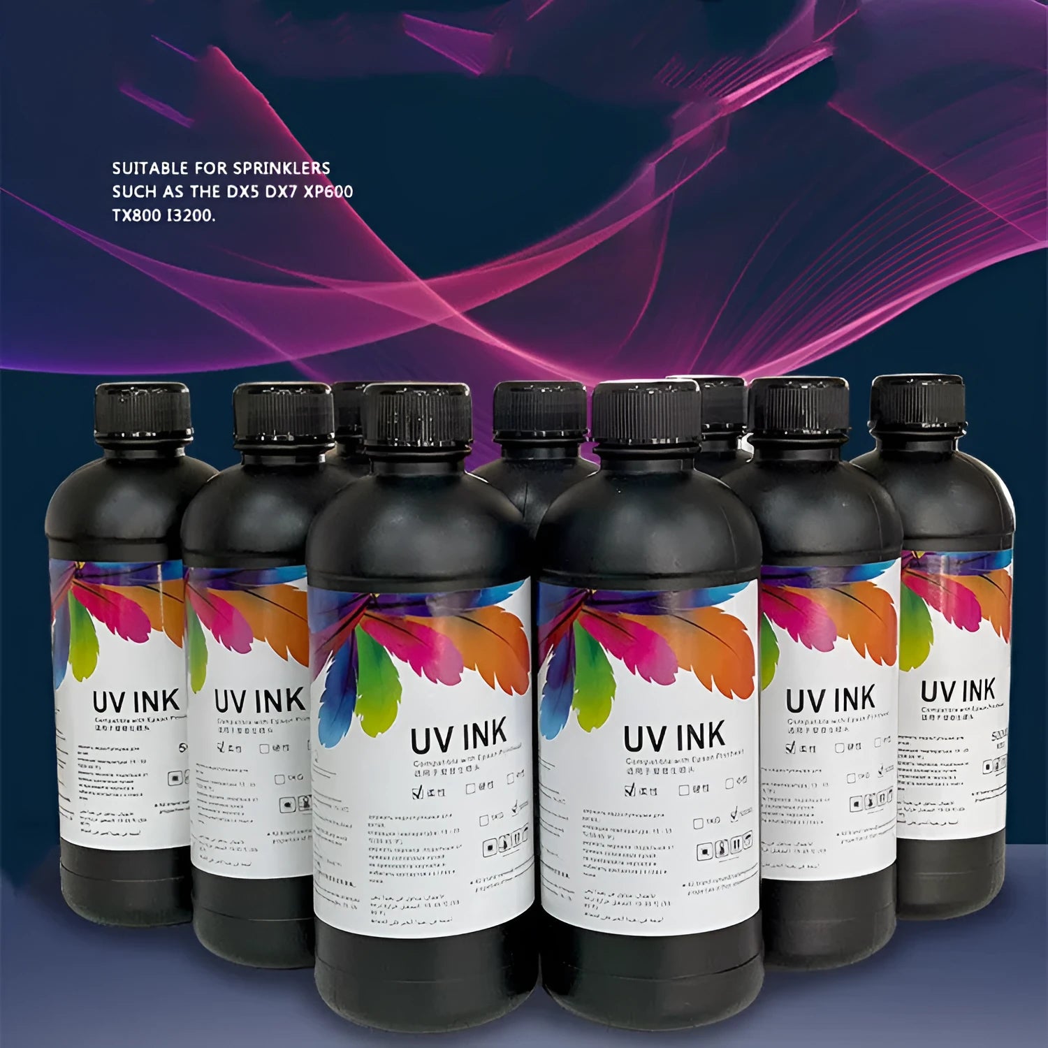 500ml bottle of UV ink for Epson XP600 and TX800 printers, showing colour options including black, cyan, and glow.