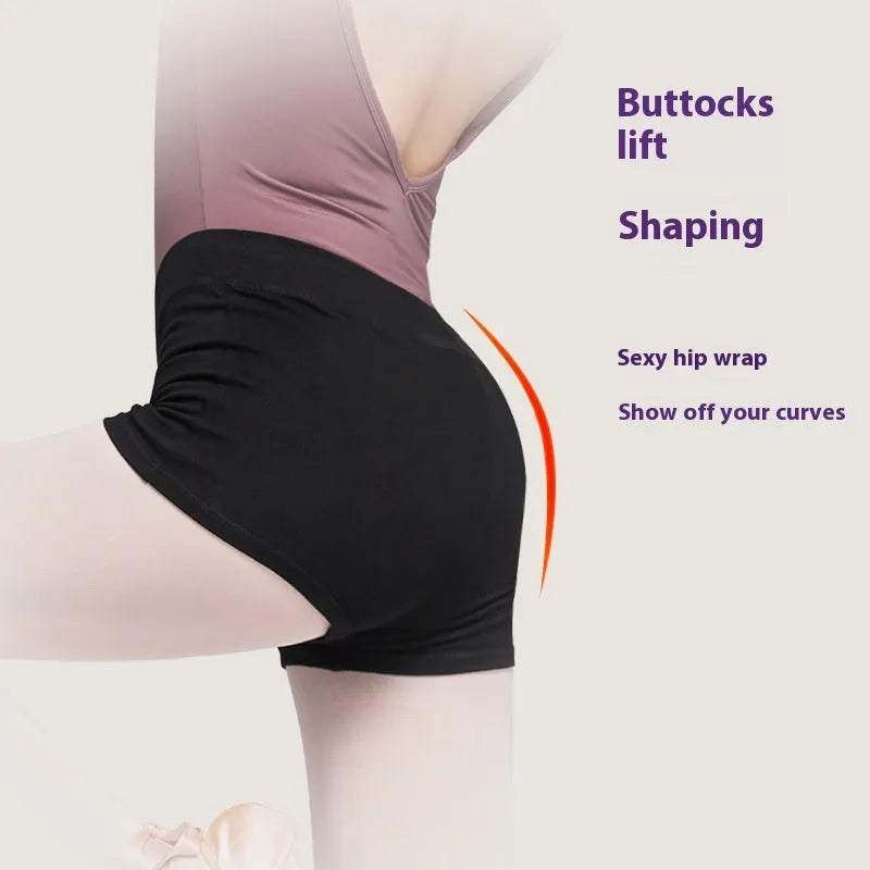 Black cotton women's ballet practice shorts laid flat.