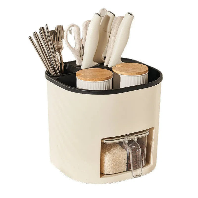 White rotating kitchen storage bucket with four compartments for cutlery and a separate spice box organiser.