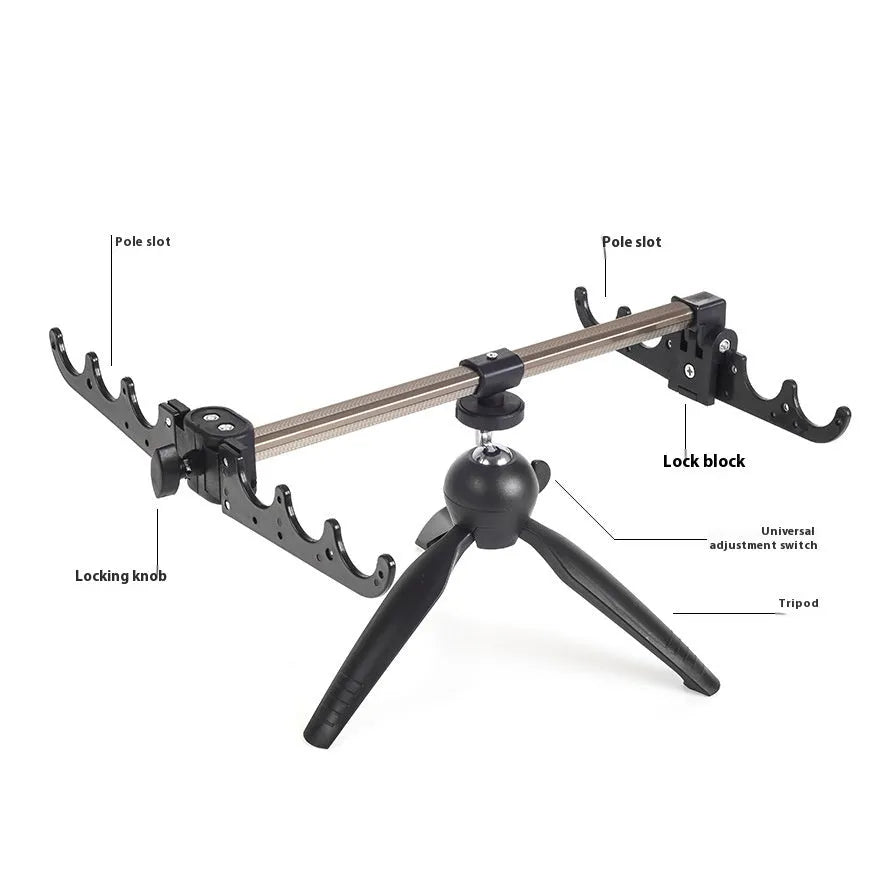 Aluminium ice fishing rod holder bracket with a tripod base on ice.