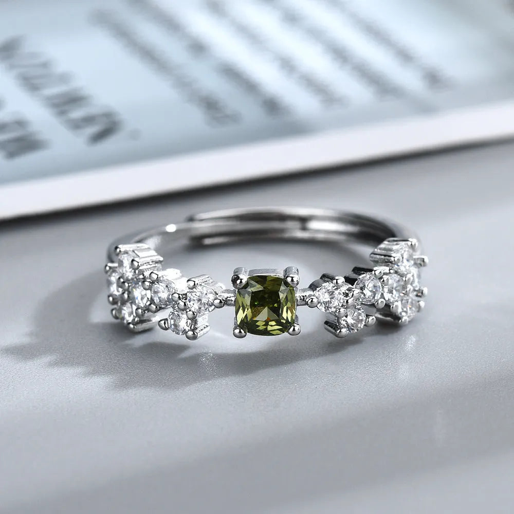 Olive green zircon ring for women, crown shape, adjustable open mouth, copper electroplated white gold tone