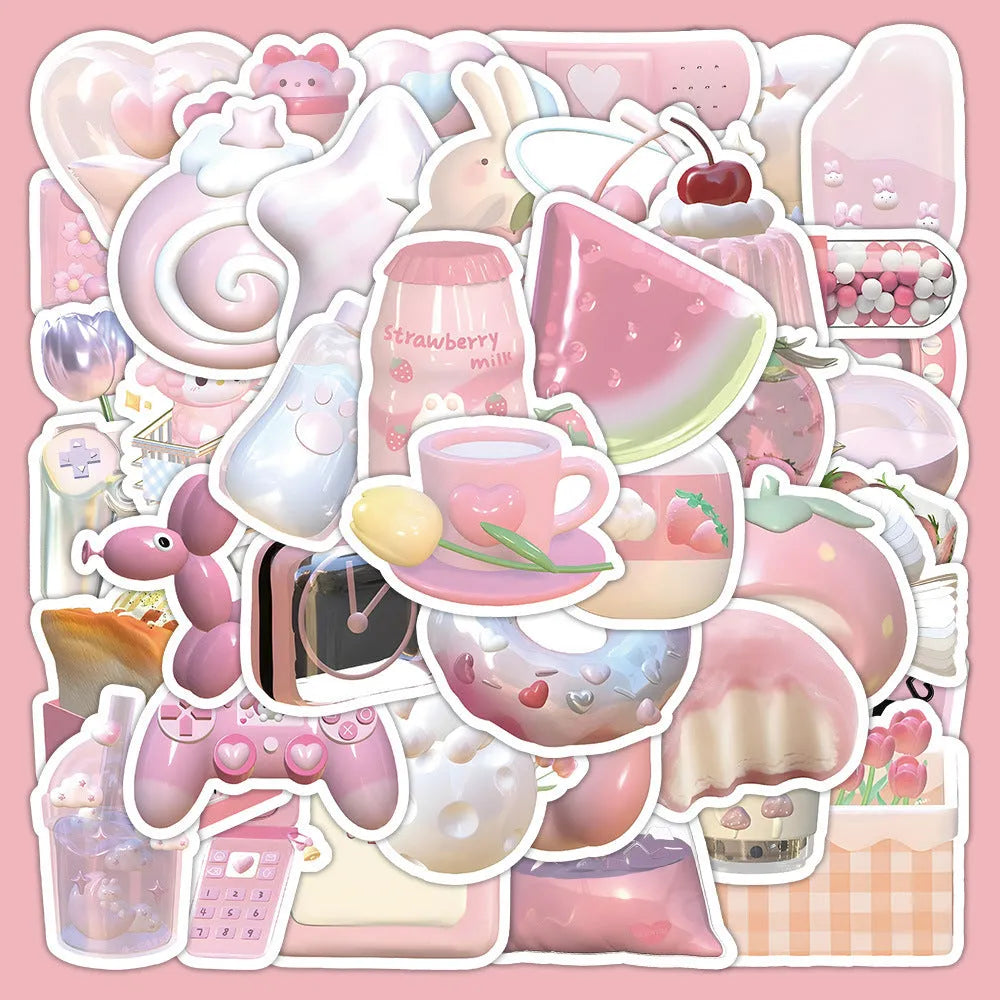 Pack of 63 cute pink girl heart 3D decorative stickers with two pattern options on a white background.