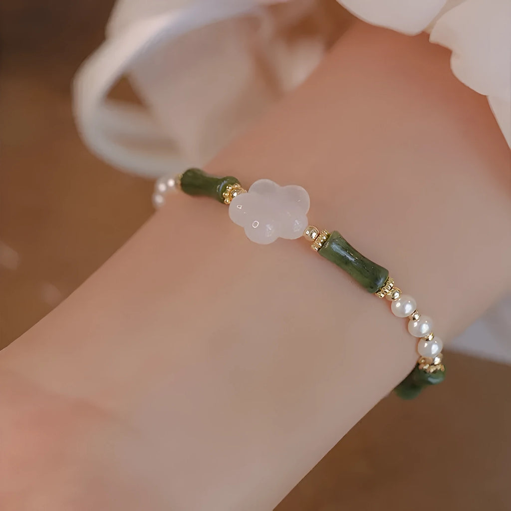 Traditional Chinese bamboo joint bracelet with Hetian jade and copper shell pearls
