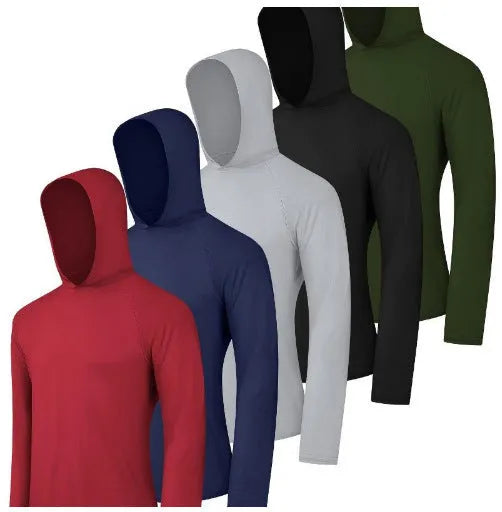 Four men's lightweight polyester hoodies folded, showing colour options Wthm-451, Wthm-452, Wthm-453, Wthm-455, Wthm-456.