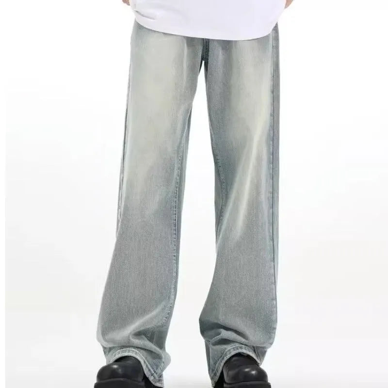 Blue loose-fit retro casual trousers with rabbit fur fabric and an elasticated waist.