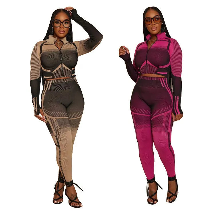 Women's brown striped long sleeve polyester trousers suit set on model