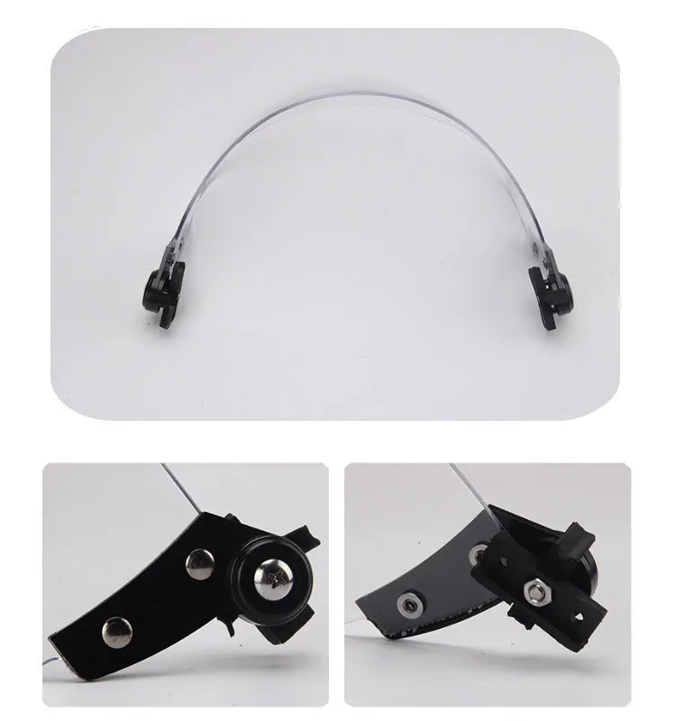 Transparent polycarbonate helmet face shield measuring 30x15cm with guide rail mounting system