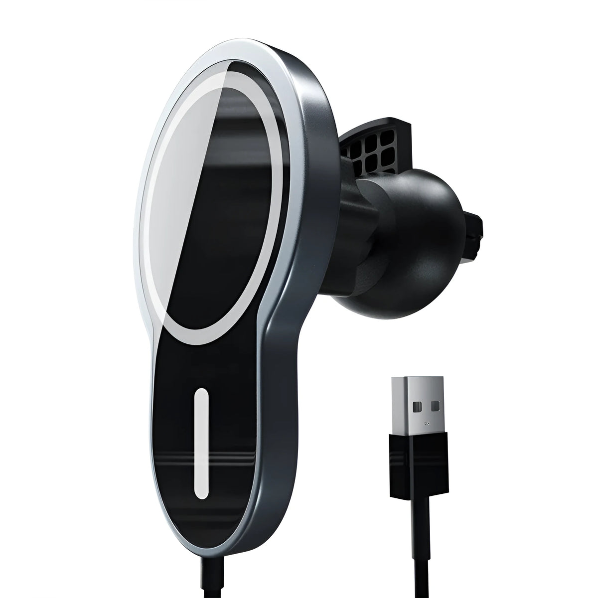 Black magnetic car wireless charging bracket compatible with iPhone and other smartphones on dashboard