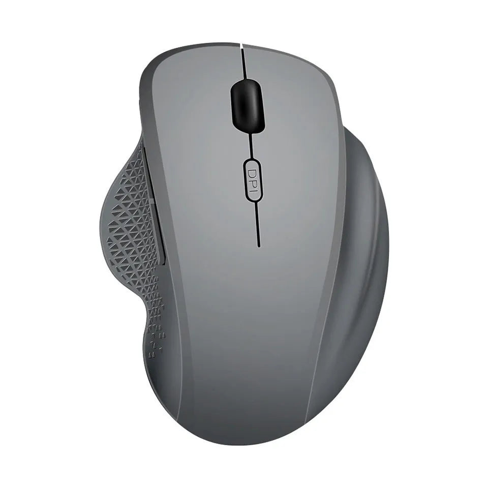 Black or grey self-charging wireless optical mouse for laptops with USB cable.