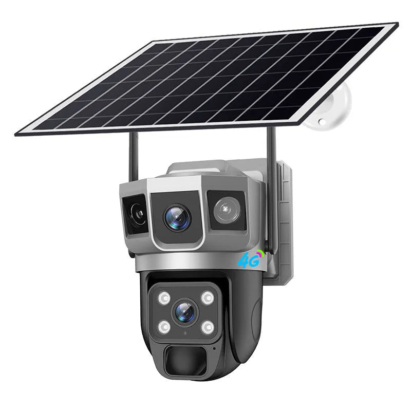 V380 outdoor security camera with solar panel, 4MP dual light full colour night vision, 349 by 210 by 233 mm