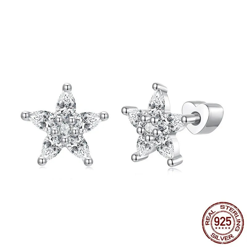 Original Shining Zircon Small Flower Ear Studs for women, silver construction with shining zircon centre, Christmas style