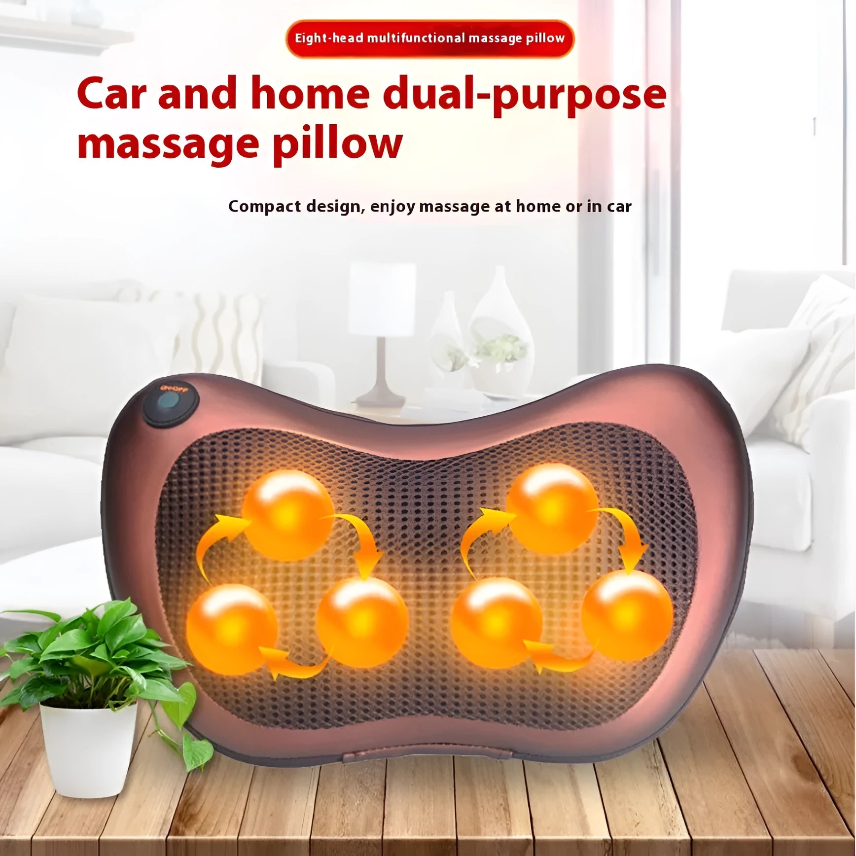 Smart shoulder neck massager pillow with genuine leather fabric, showing 8 massage heads, available in black and brown colours