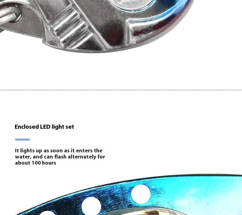 Luminous Metal Vib electronic fishing lure shown in blue body and red body colour options