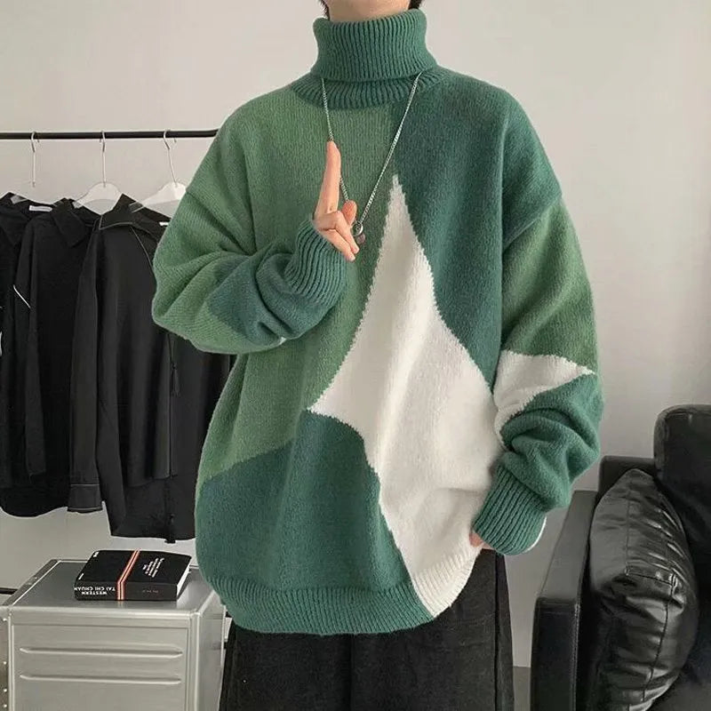 Men's contrasting colour high-neck pullover sweater in thickened polyester knit, black colour option