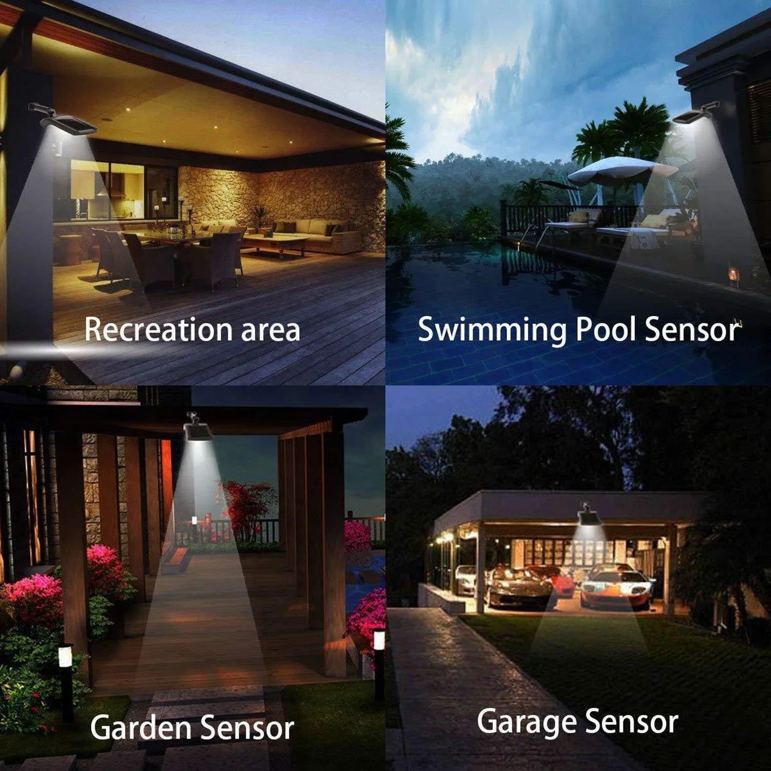 Black solar-powered LED wall light with motion sensor and diamond-patterned casing mounted on an exterior wall.