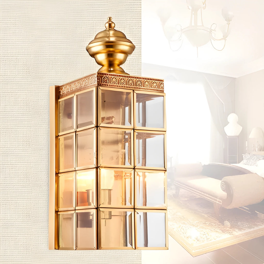 Gold copper LED wall lamp with glass shade, E27 holder, 130x410x150mm, for balcony or courtyard