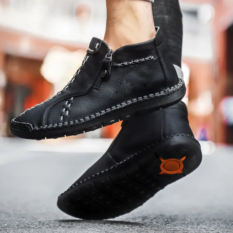 Men's hand-stitched high-top genuine leather shoes in brown, wedge heel, round toe, rubber sole with matte finish