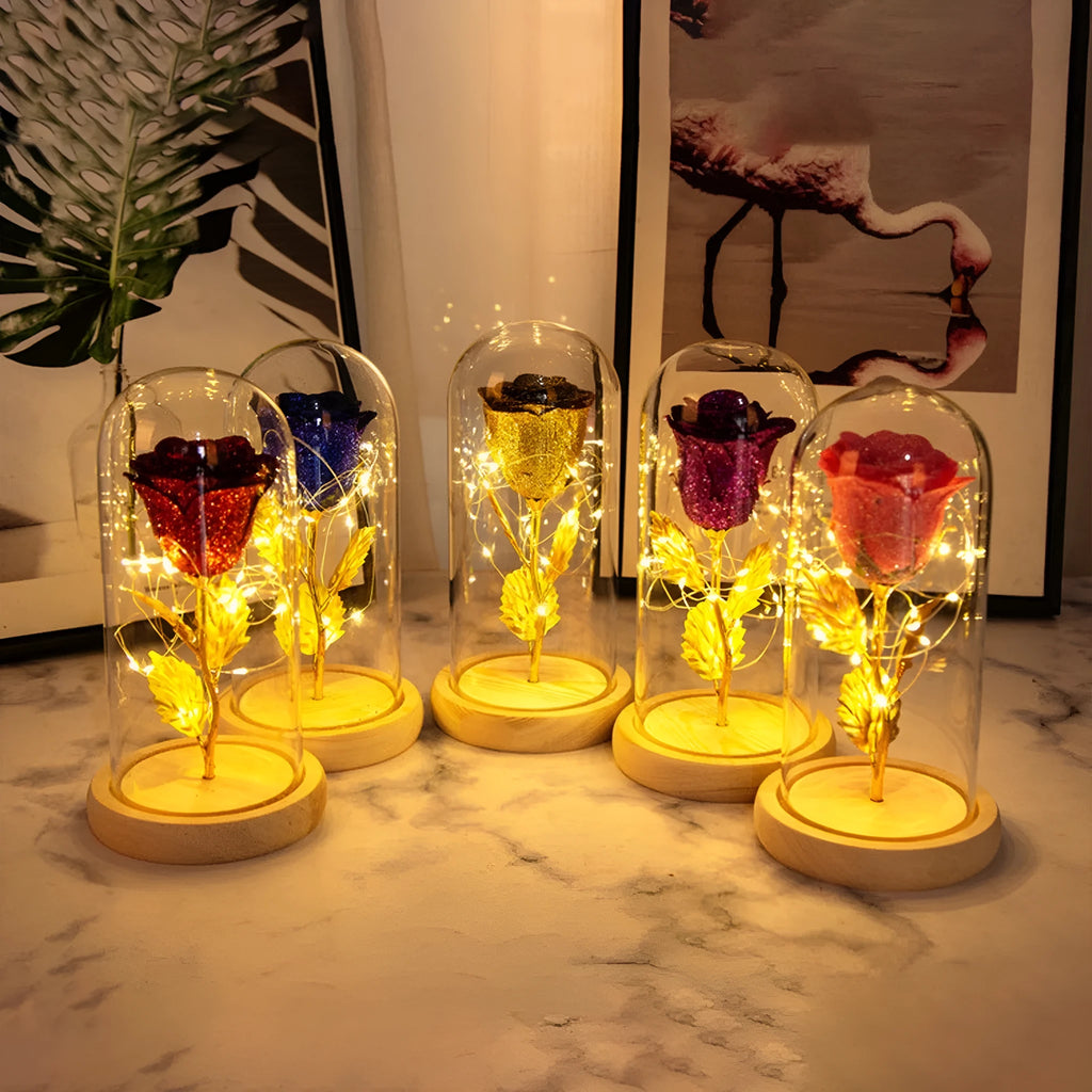 Handmade eternal red rose flower with warm white LED lights inside a clear glass dome display