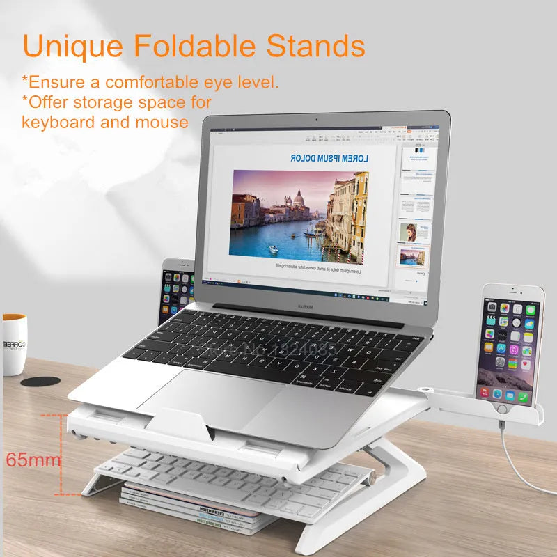 Folding laptop stand with 9 adjustable heights, anti-slip panel and phone holders, in black or white.