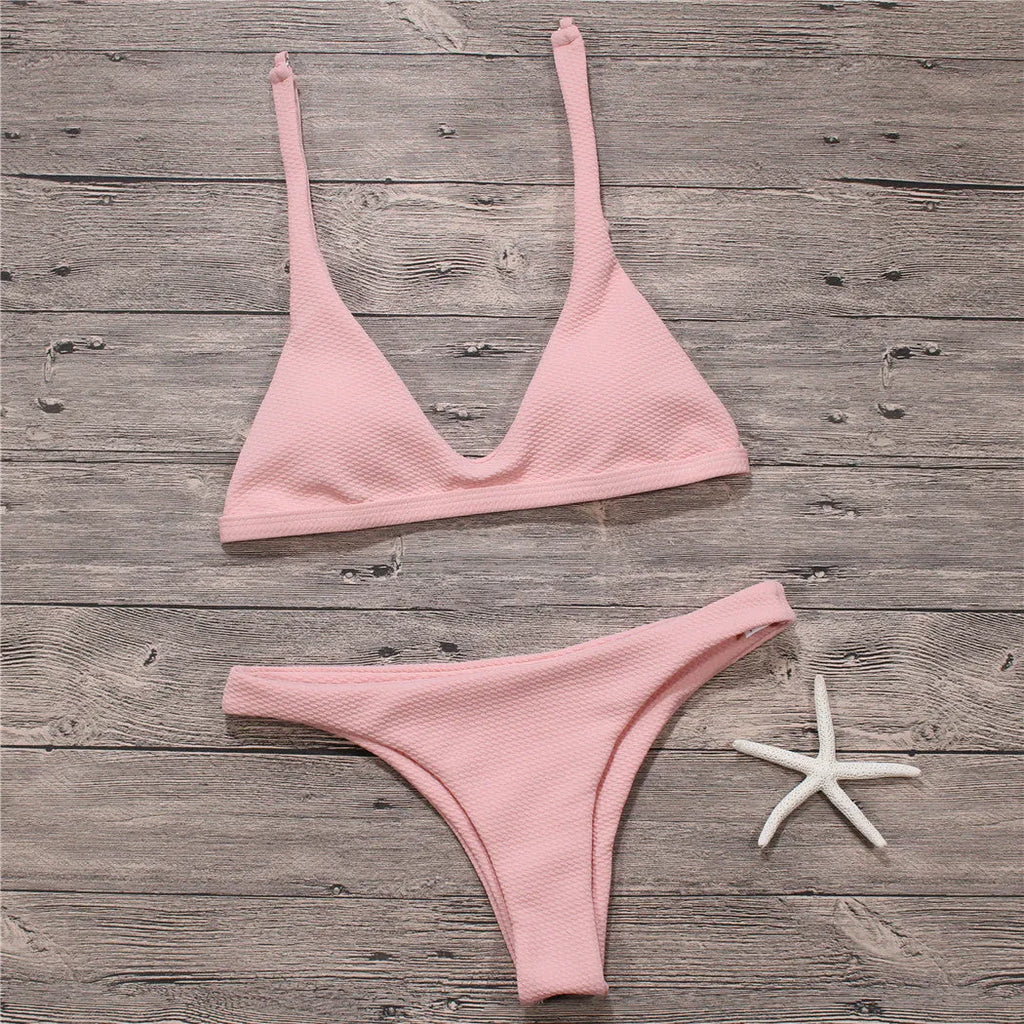 Women's solid colour bikini set low waist wire-free with removable pads polyester spandex beachwear