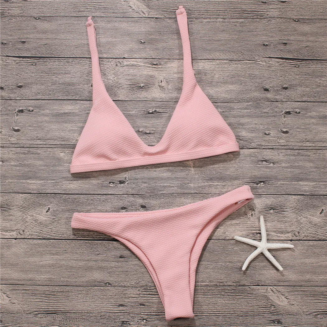 Women's solid colour bikini set low waist wire-free with removable pads polyester spandex beachwear