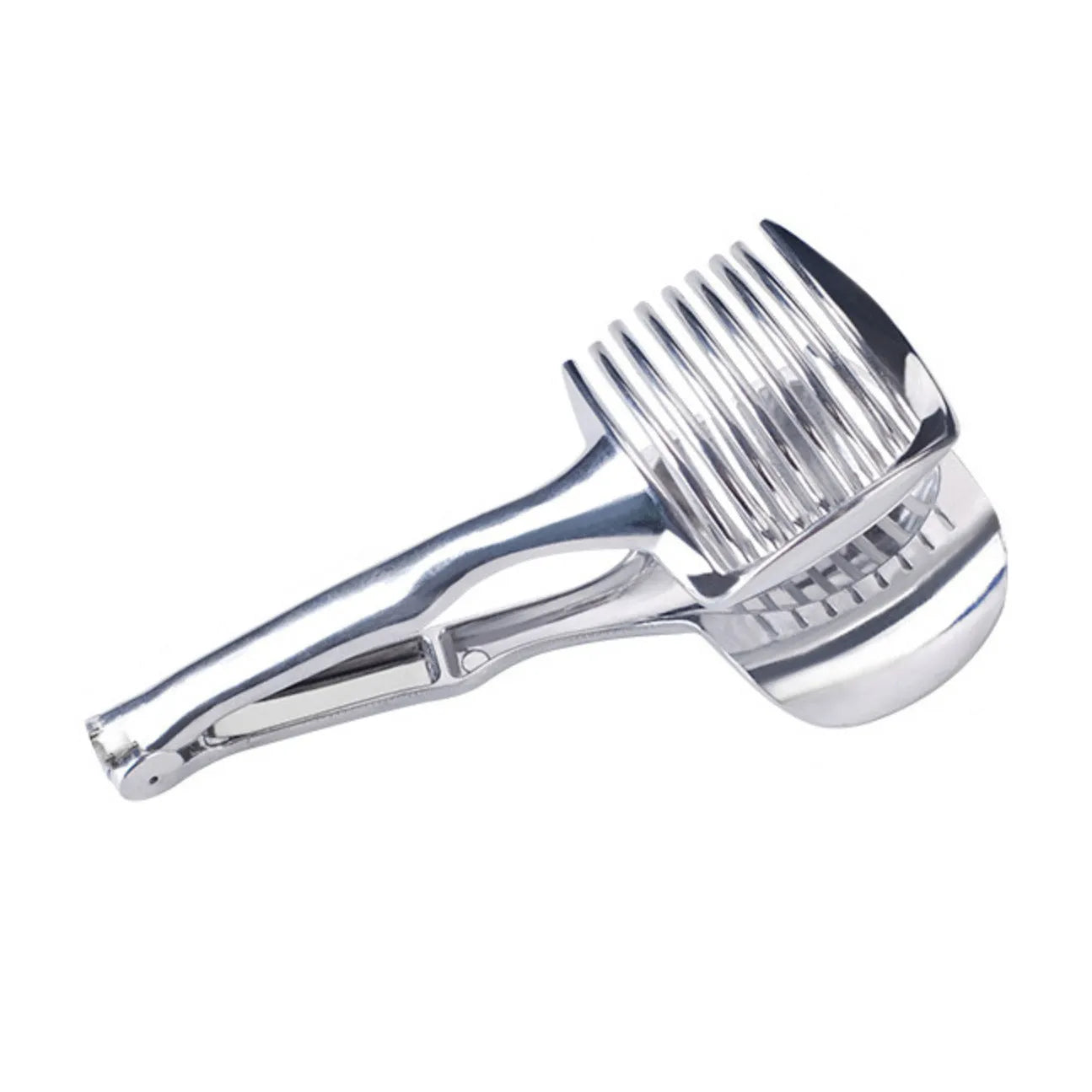 Silver plastic lemon slicer kitchen utensil for cutting uniform citrus slices
