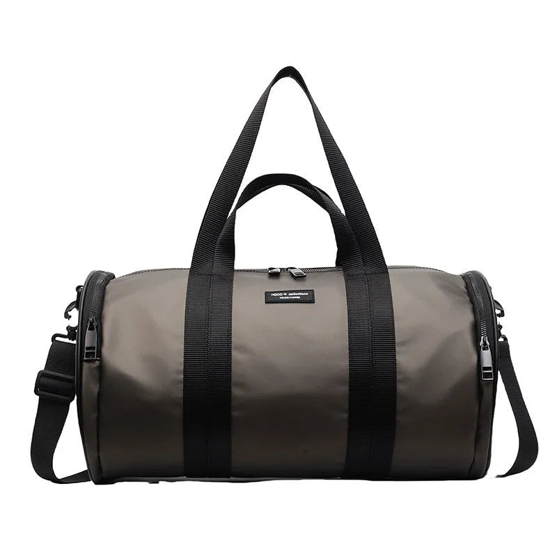 Black waterproof Oxford cloth sports handbag for men and women on a leisure travel background.