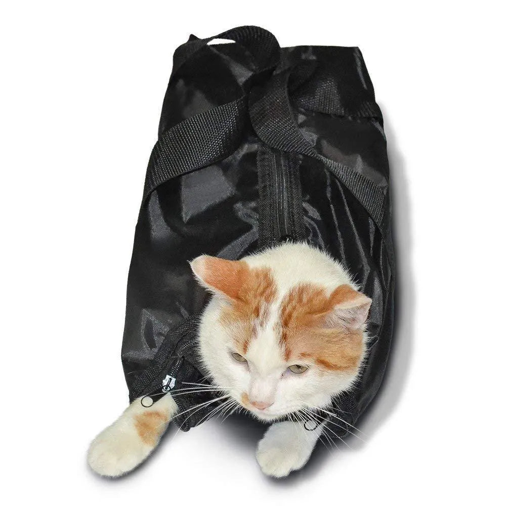 Black cat bath bag folded to show compact 10x10x3cm storage size