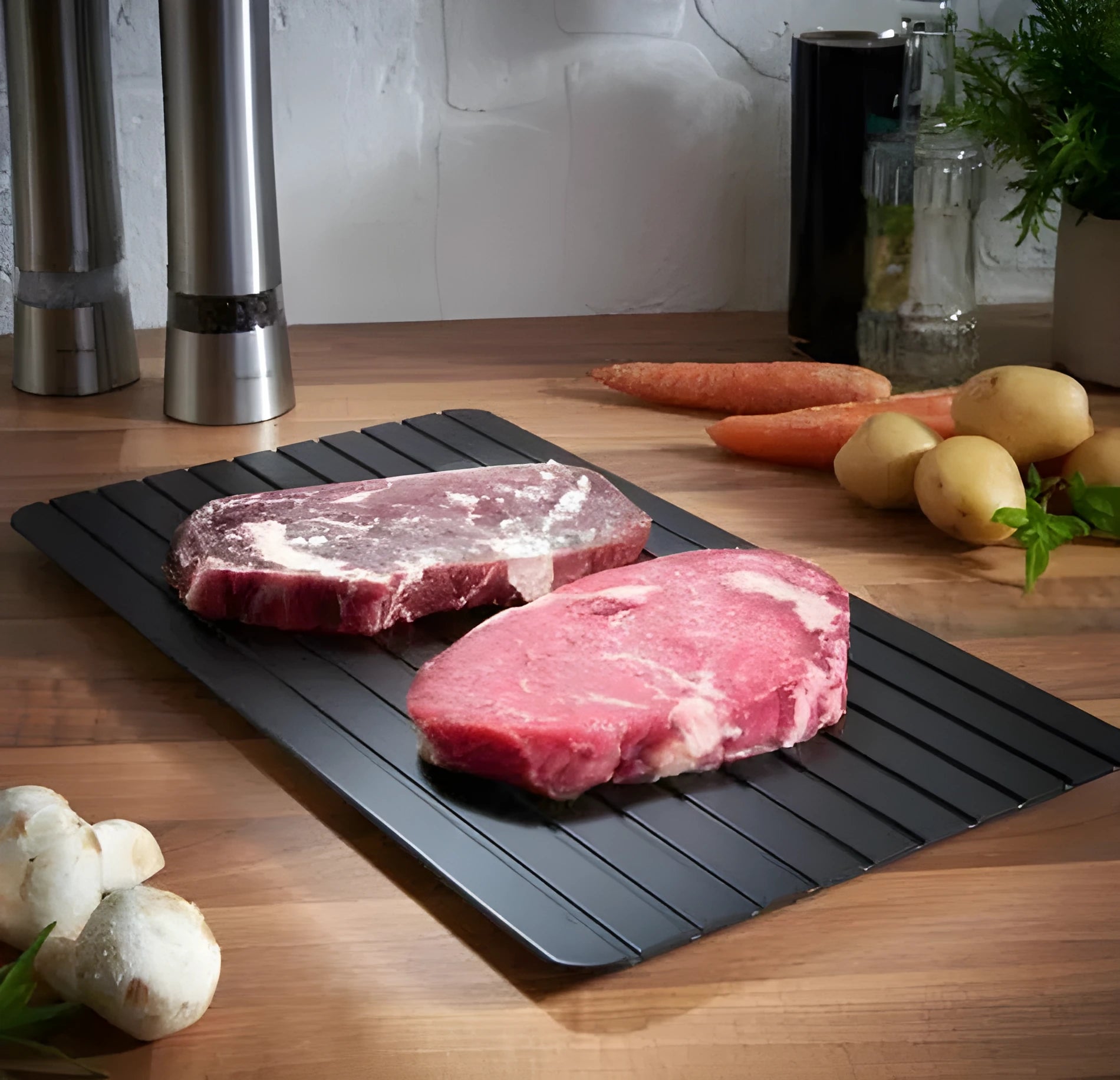 Black aluminium kitchen defrosting tray for thawing frozen meat and food without electricity