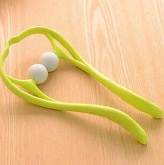 Blue plastic manual neck massager with adjustable stand and 3D floating-point rollers on a white background.