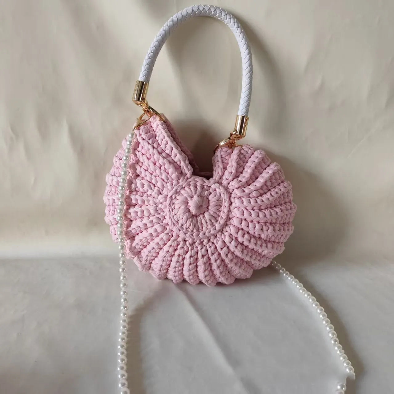 Round handmade woven crossbody bag with pearl chain strap, 25x25cm, polyester, multiple colour options