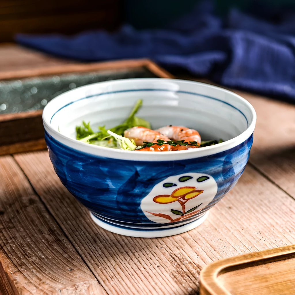 Ceramic round noodle bowl with underglaze hand-painted pattern in retro luxury style, 6 or 7 inch diameter
