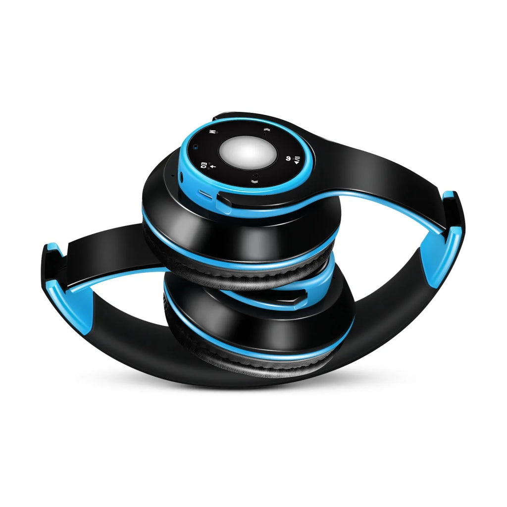Foldable over-ear wireless Bluetooth headset with adjustable hinges in blue, red, or rose red colours.