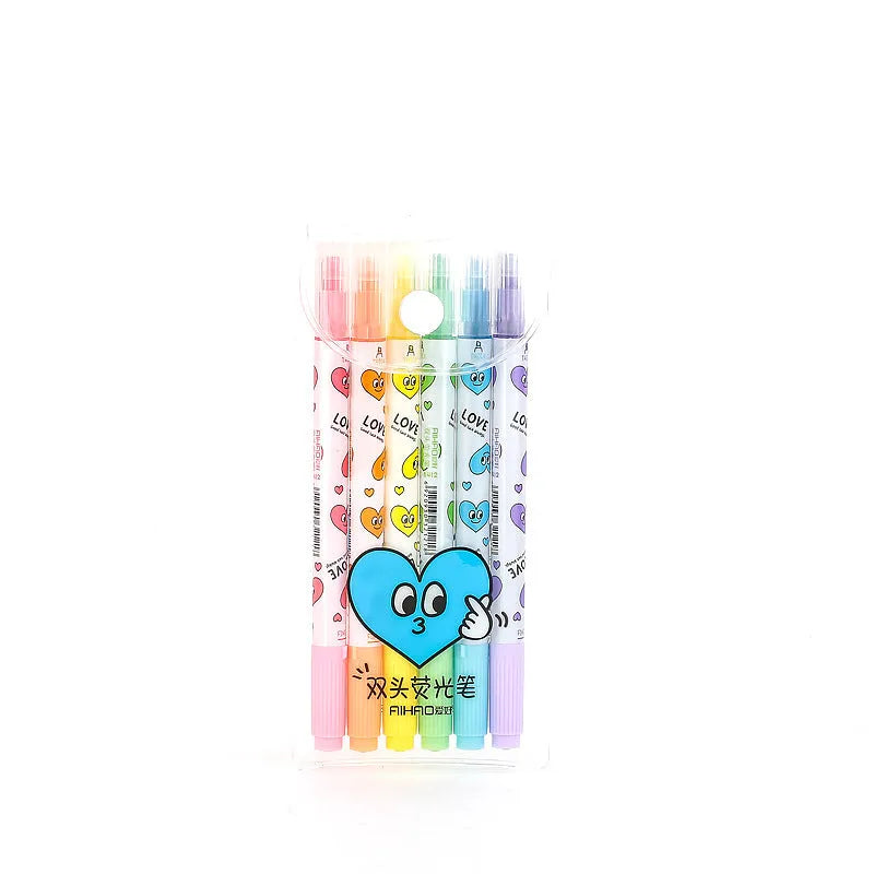 Six double-headed watercolour highlighters showing pink, orange, yellow, green, blue, and purple colours with plug-in caps