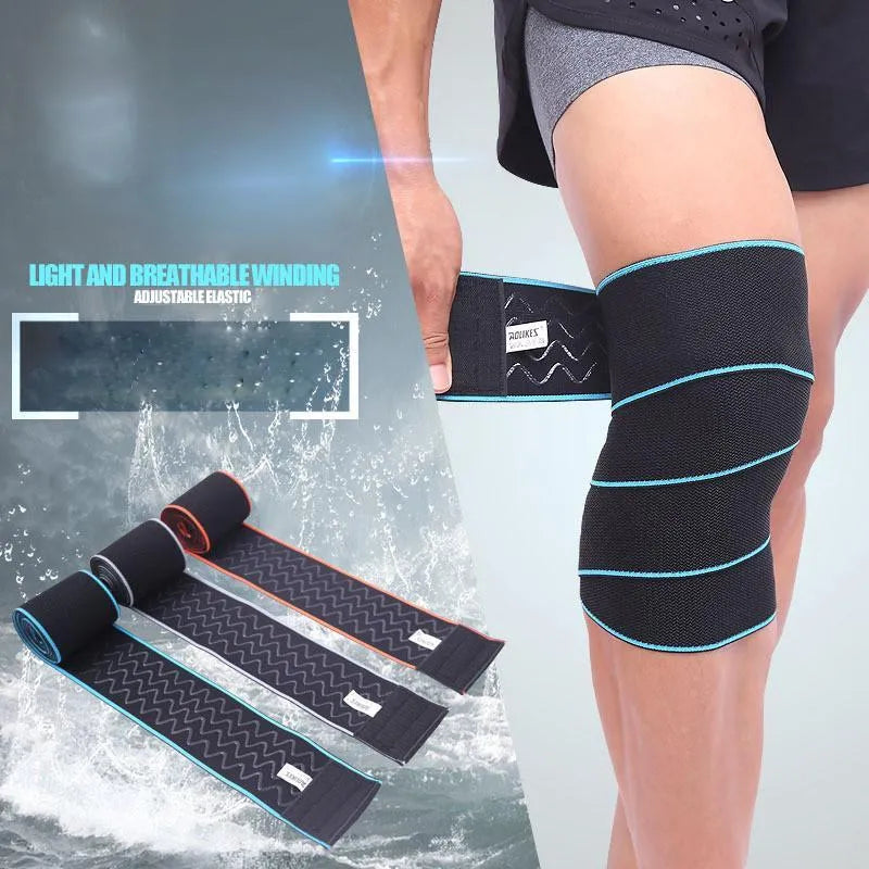 Aolikes orange lifting knee wrap with velcro fastening stretched out for squats